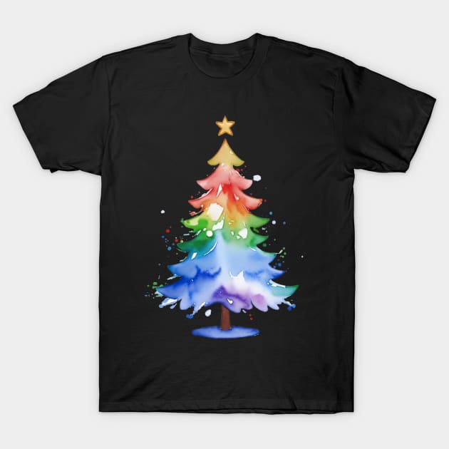 Gradient Watercolor Rainbow Christmas Tree Gay Pride T-Shirt T-Shirt by Gold Dust Publishing